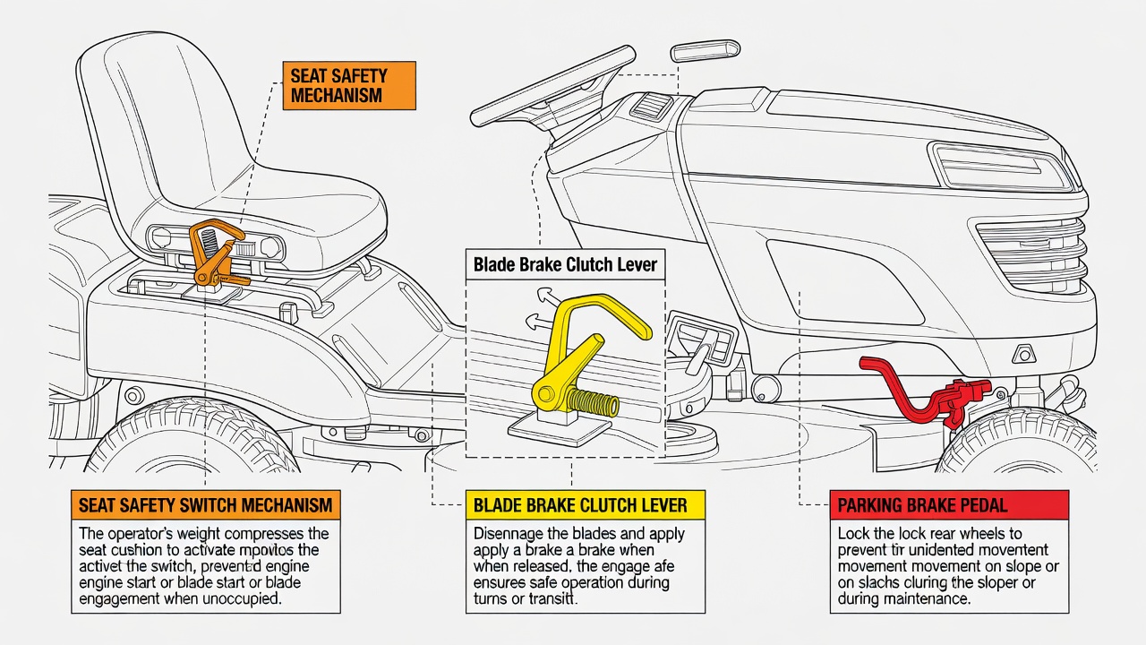Three key safety systems on a Craftsman riding mower: seat switch, blade brake clutch, and parking brake