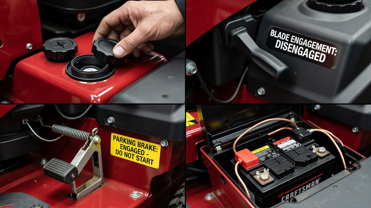 Pre-start safety checks on a Craftsman riding mower including fuel, blade lever, brake, and battery
