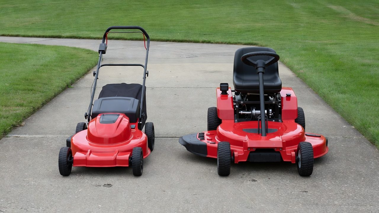 Walk-behind push mower and riding lawn tractor parked side by side on a driveway