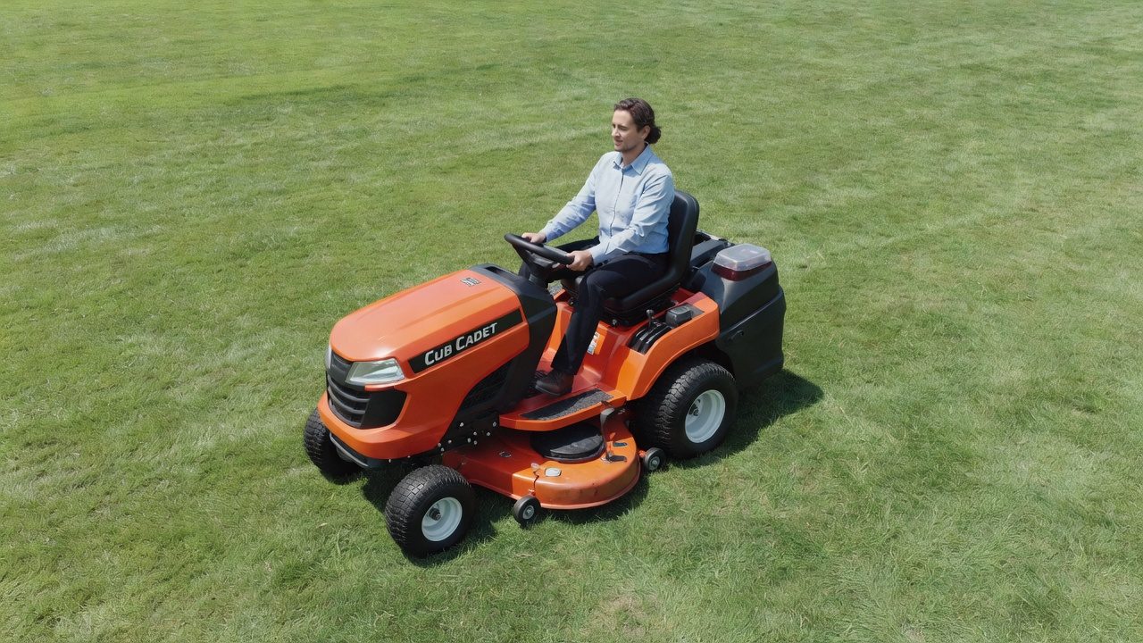 Pre-Start Safety Checklist Operator seated on Cub Cadet mower with safety features in proper position