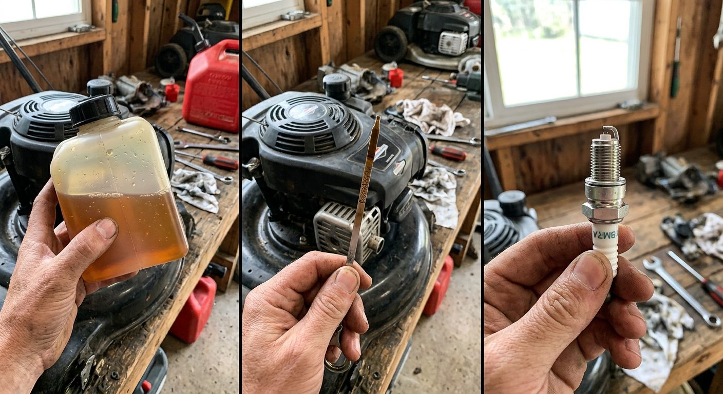 Three pre-start inspection checks for a gas lawn mower: fuel level, oil level, and spark plug condition