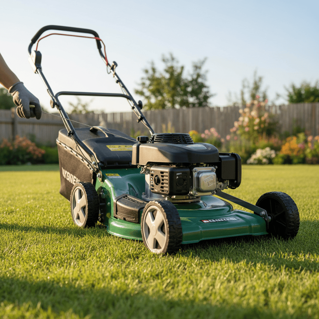 Walk-behind lawn mower positioned on a flat lawn with a hand on the starter rope