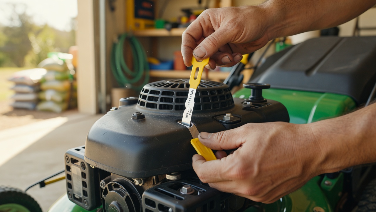 Close-up of a person checking the oil level on a lawn mower using a dipstick.