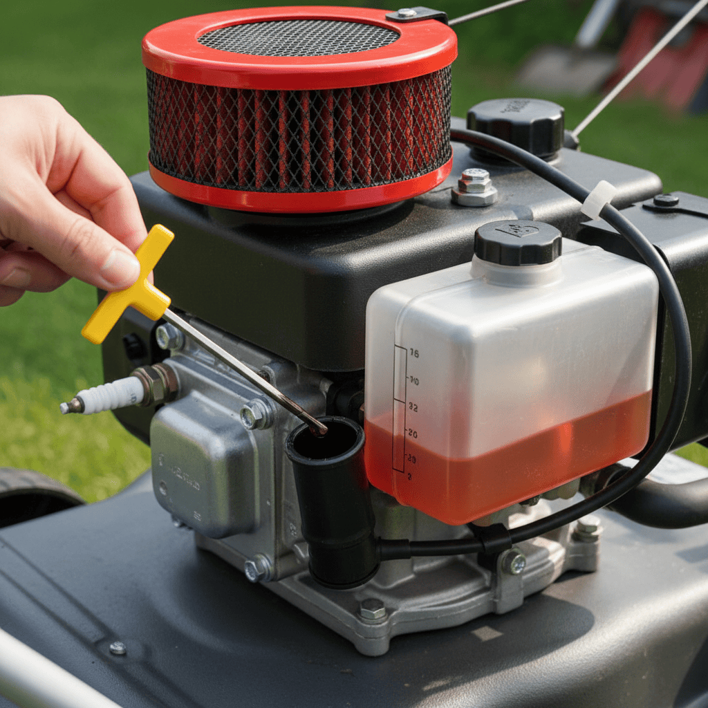 How to Start a John Deere Lawn Mower? (Complete Step-by-Step Guide) Detailed view of lawn mower engine components including oil dipstick, fuel gauge, air filter, and spark plug