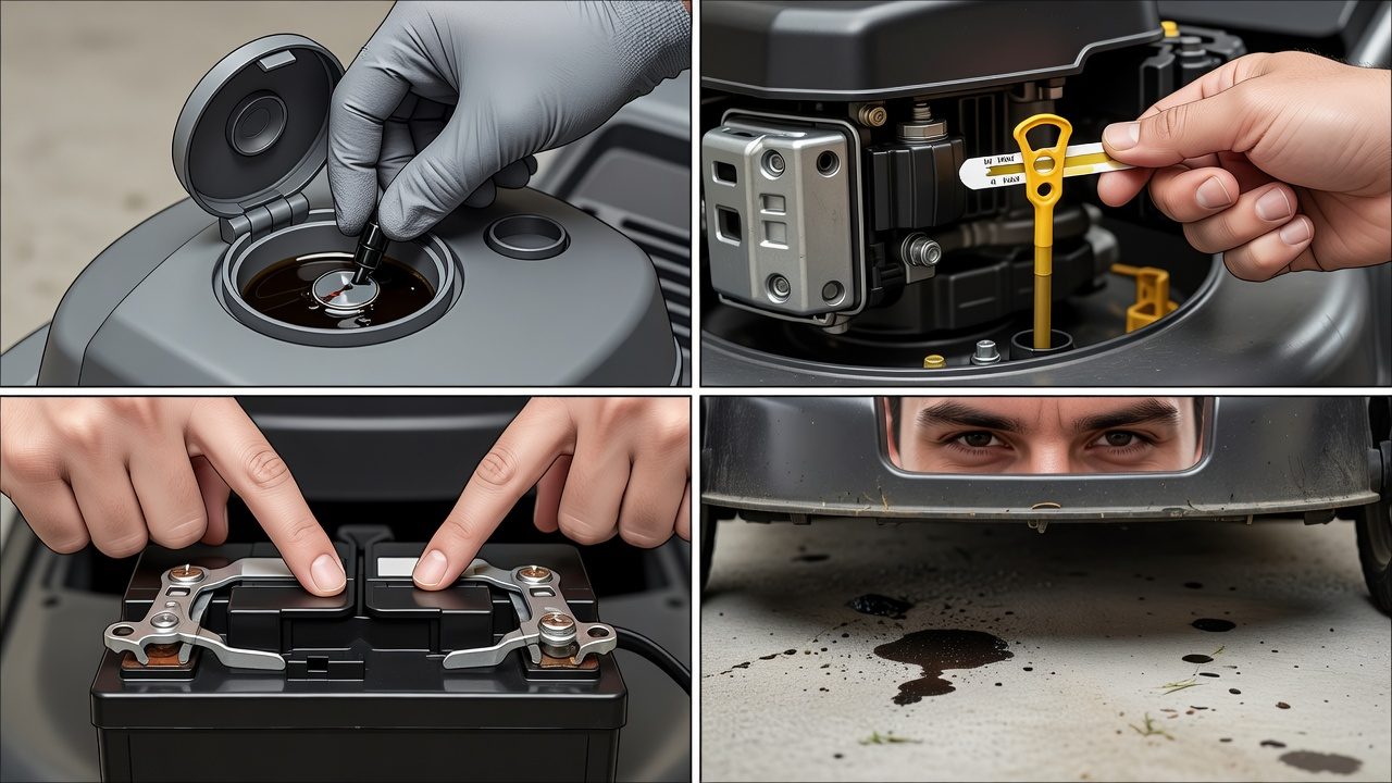 Visual checklist of four pre-start safety inspections: fuel, oil, battery terminals, and leak inspection