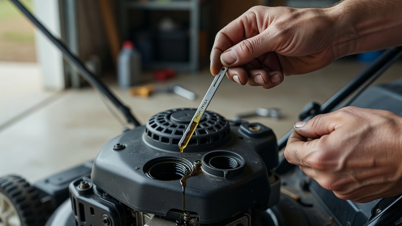 Hands checking oil dipstick level on a lawn mower engine