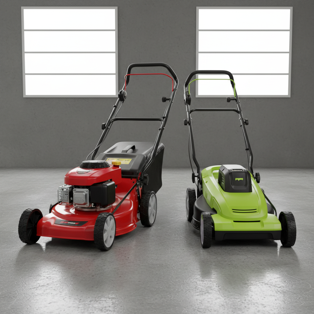 Gas-powered push mower and battery-powered electric mower side by side on a garage floor