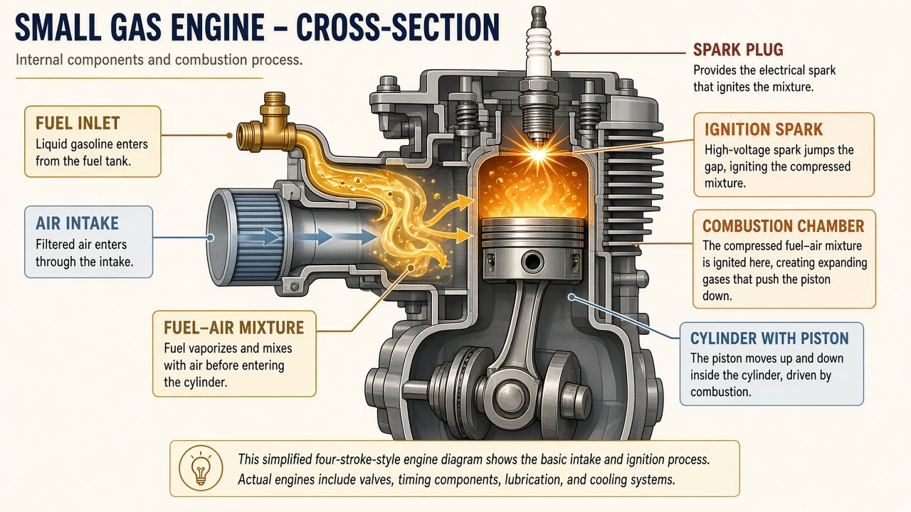Cross-section diagram of a small gasoline engine showing fuel, air, spark, and combustion