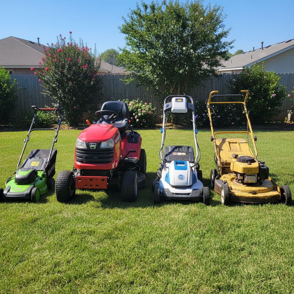 Four different types of lawn mowers displayed for comparison