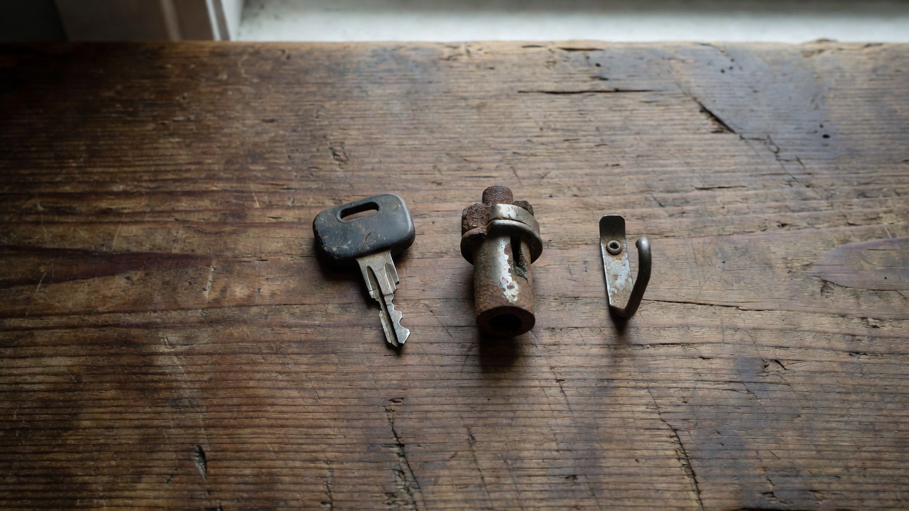 How to Start a Lawn Mower Without a Key (Riding & Push Mower Methods) Broken lawn mower ignition key and corroded ignition switch on a wooden workbench