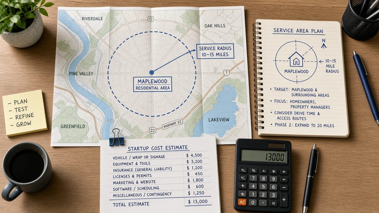 Business planning workspace with service area map and startup notes