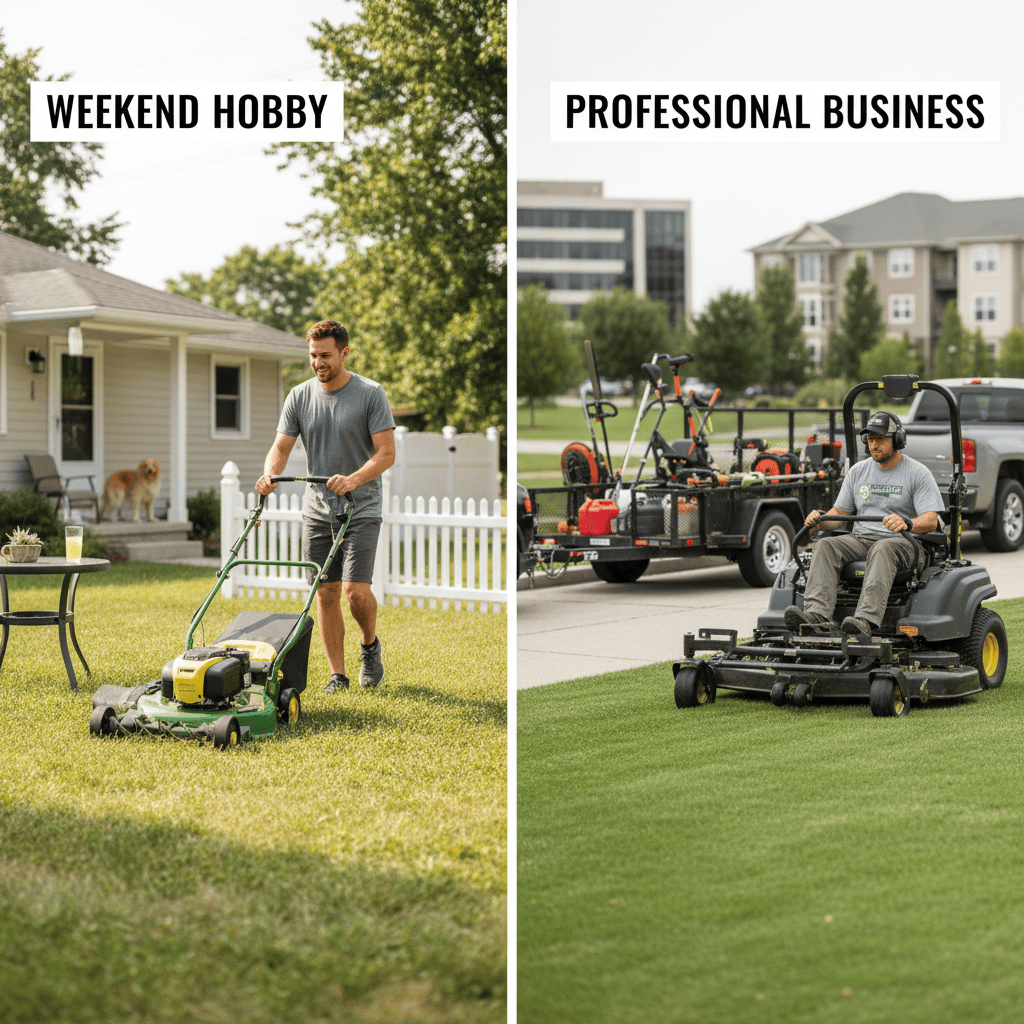 How Do I Start a Lawn Mowing Company? (Step-by-Step Startup Guide) Side-by-side comparison of hobby lawn mowing versus professional business operation