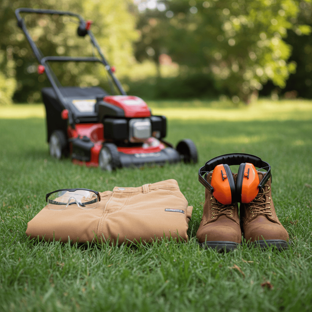 How Do You Start a Lawnmower? (Complete Guide for Gas, Electric & Manual Models) Safety gear including long pants, closed-toe shoes, eye protection, and ear protection