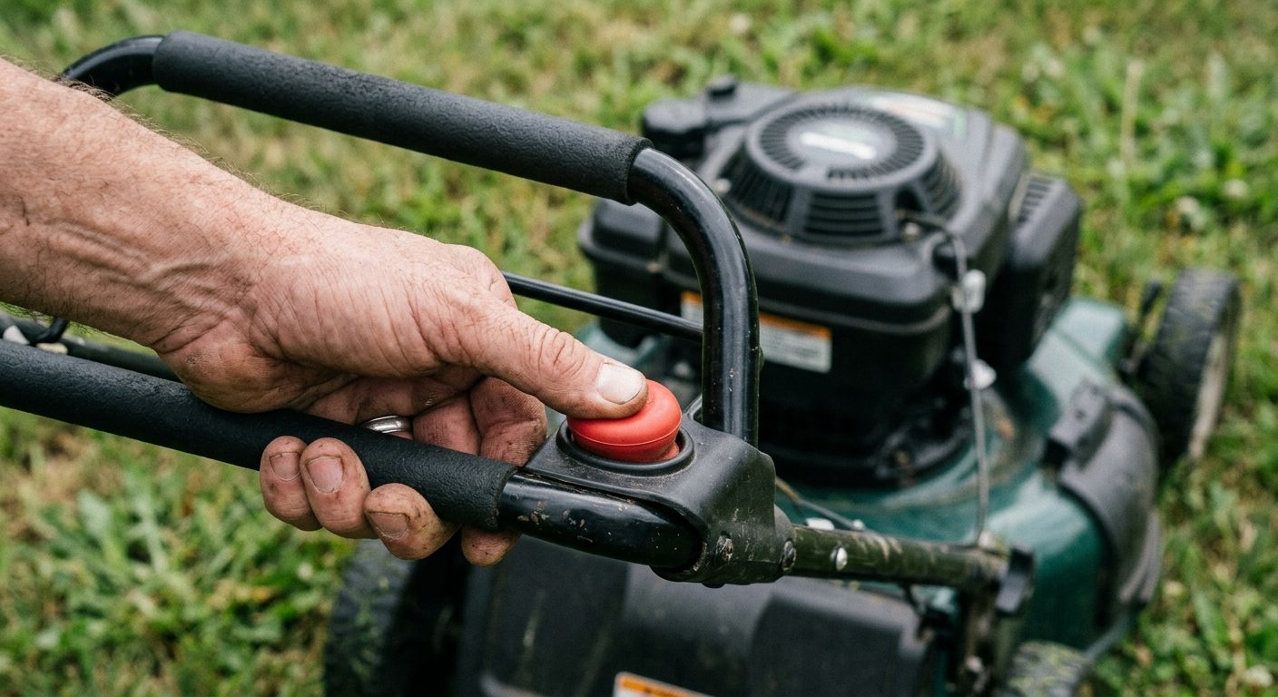 Hands holding the safety bar and primer bulb on a lawn mower handle