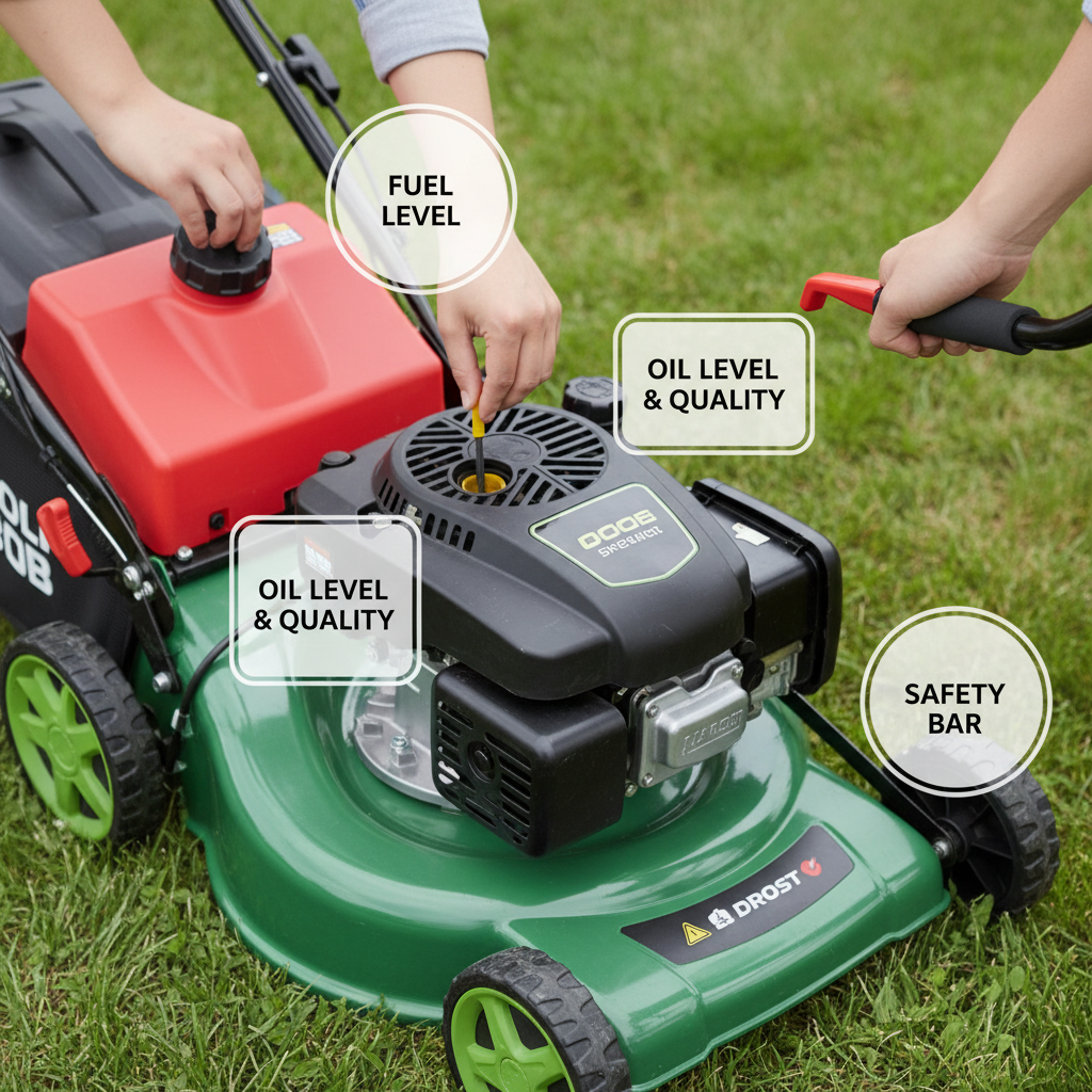 Pre-operation inspection points on a push lawn mower