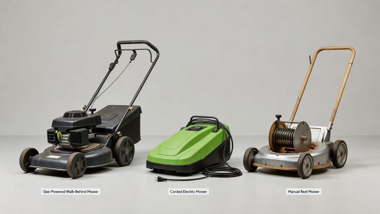 Comparison of three push mower types: gas-powered, electric corded, and manual reel