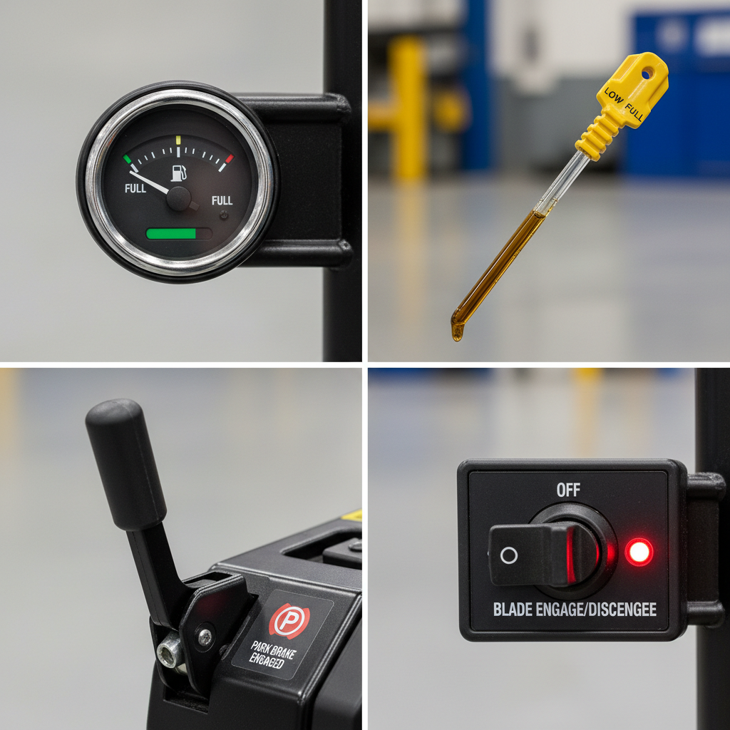 Visual checklist of pre-start safety checks for ride-on mower maintenance
