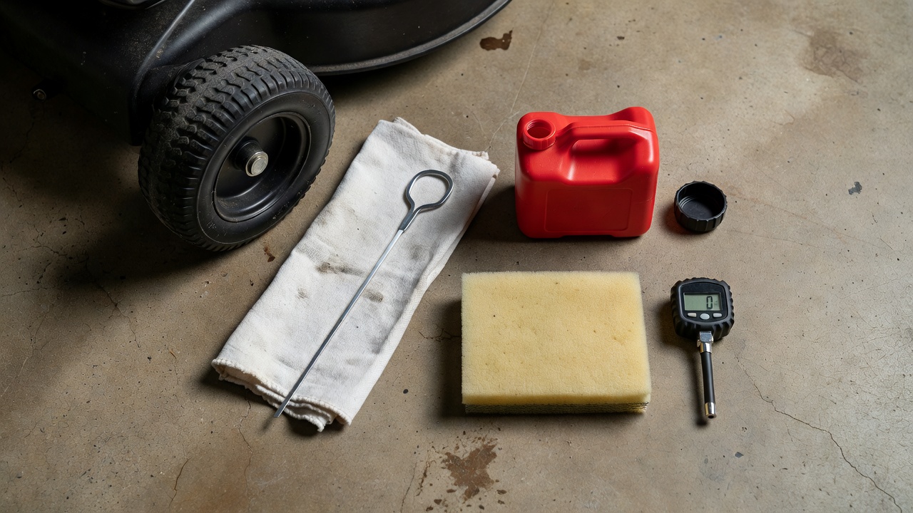 How Do You Start a Ride on Mower? (Step-by-Step Safety Guide) Ride on mower pre-start items including dipstick, fuel cap, air filter, and tire pressure gauge laid out on a garage floor