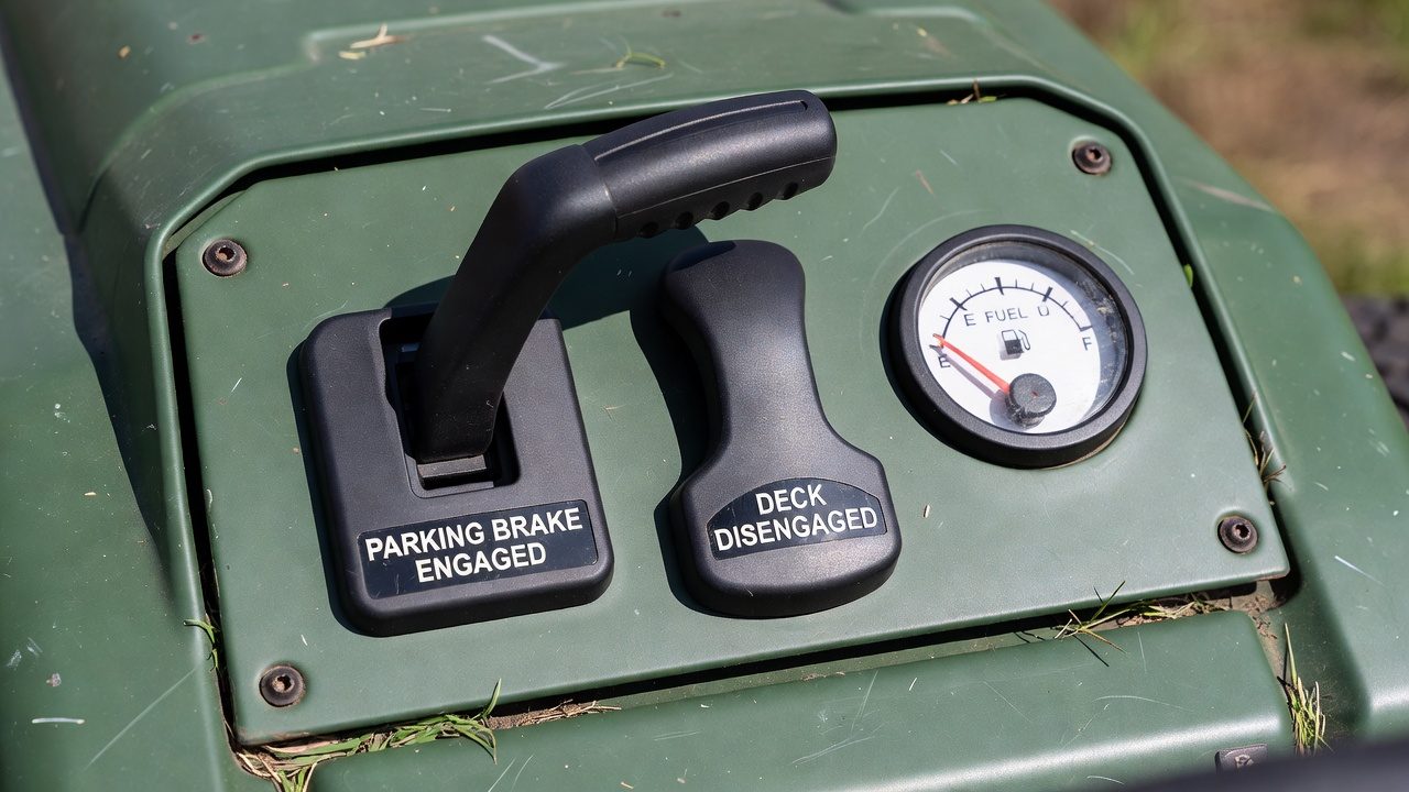 Riding mower control panel with parking brake engaged and deck disengaged