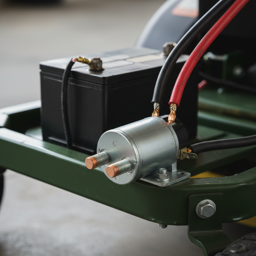 Close-up of a riding mower starter solenoid and battery cables with no tool attached