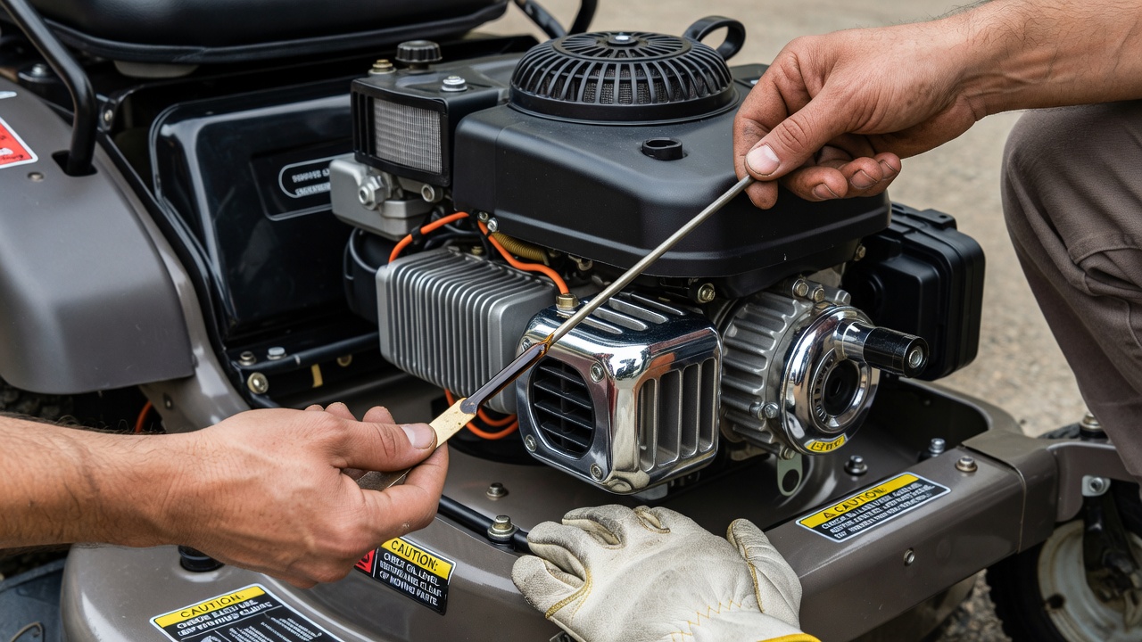 A person checking the engine oil level on a riding mower using a dipstick.