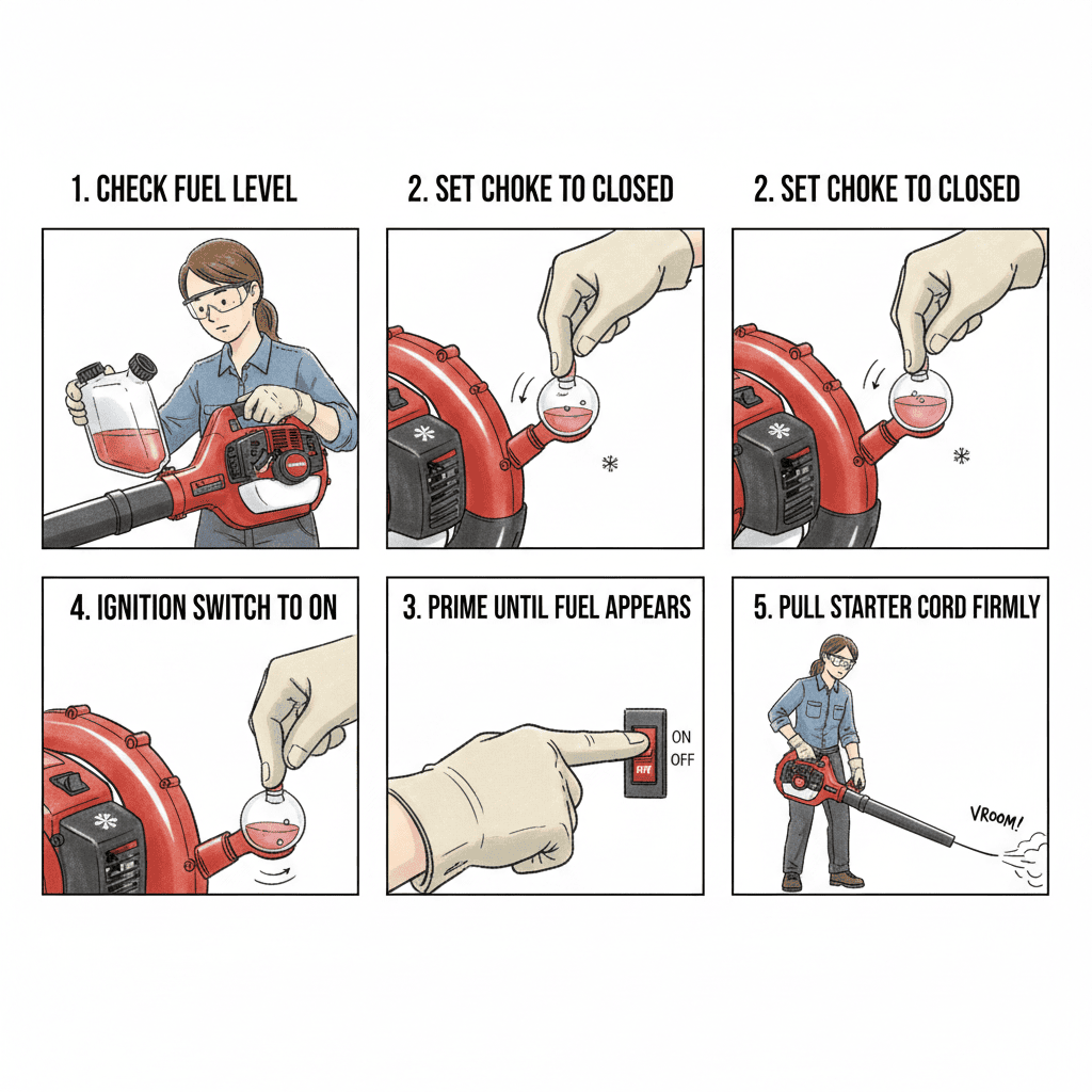 Cold start procedure for gas Ryobi push mower.