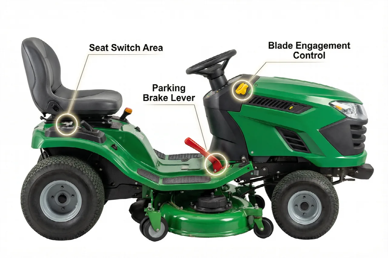 Safety components on riding lawn mower including seat switch, parking brake, and blade engagement control