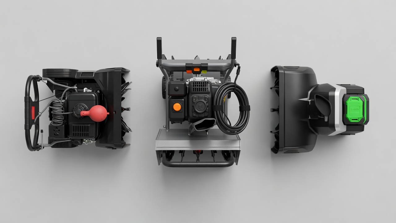 How Do You Start a Snowblower with Electric Start? (Step-by-Step Guide) Three types of snowblowers side by side showing corded electric-start gas, battery electric-start gas, and fully battery-electric models