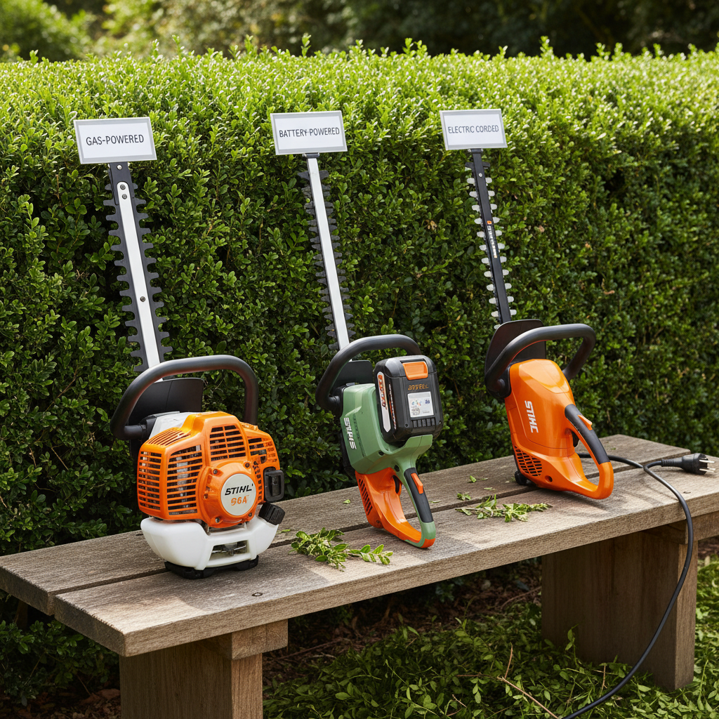 Three types of STIHL hedge trimmers: gas, battery, and electric models