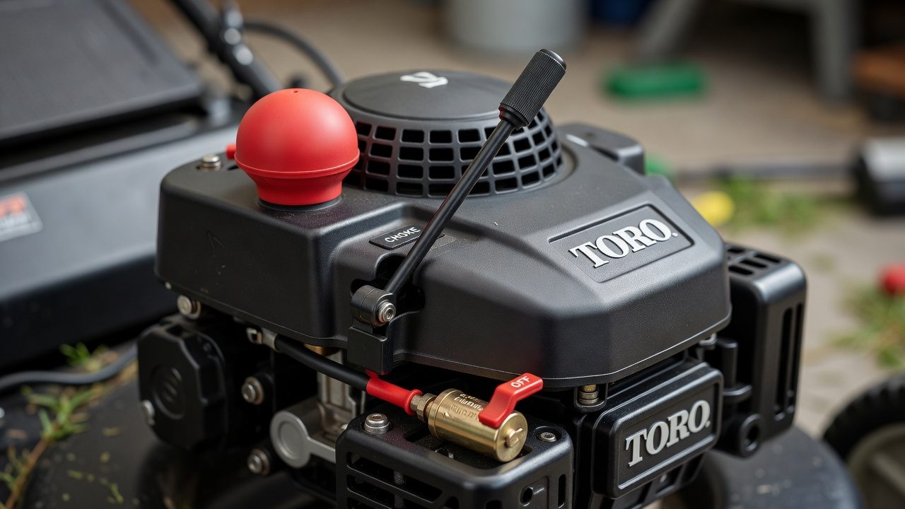 Close-up of a Toro lawn mower engine showing the primer bulb, choke lever, and fuel valve.
