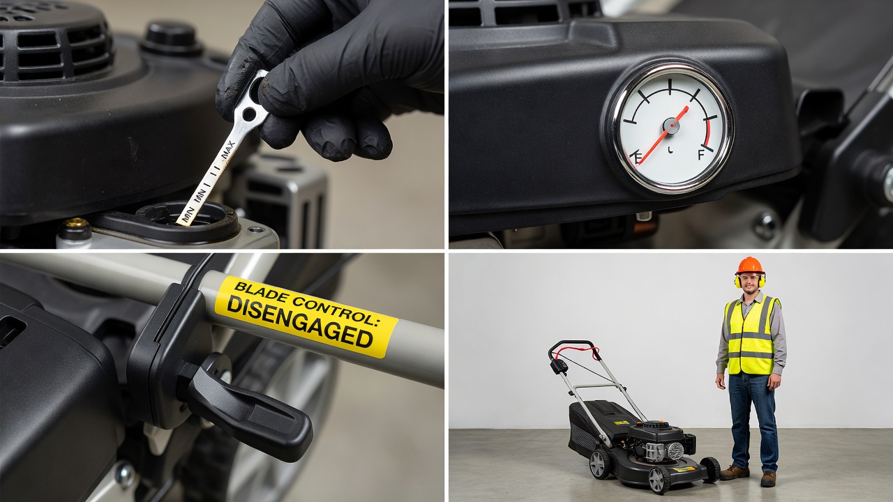 Pre-start safety inspection steps including oil check, fuel verification, and blade control