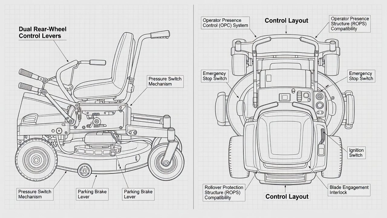 Labeled diagram of zero turn mower controls including dual levers, seat switch, and parking brake