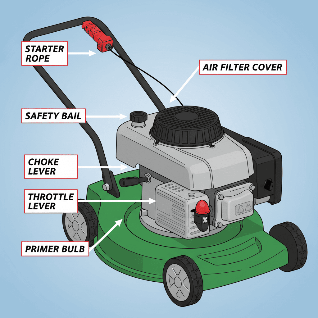 Annotated diagram of key Briggs & Stratton engine components for starting.