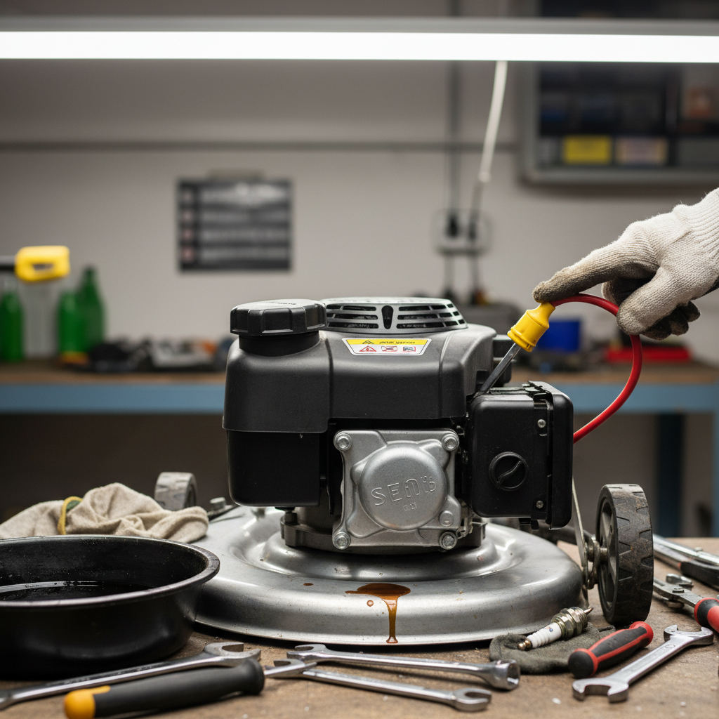 How Do You Start a Craftsman Push Mower? (Step-by-Step Guide) Engine components showing fuel tank, oil dipstick, and spark plug wire for pre-start inspection