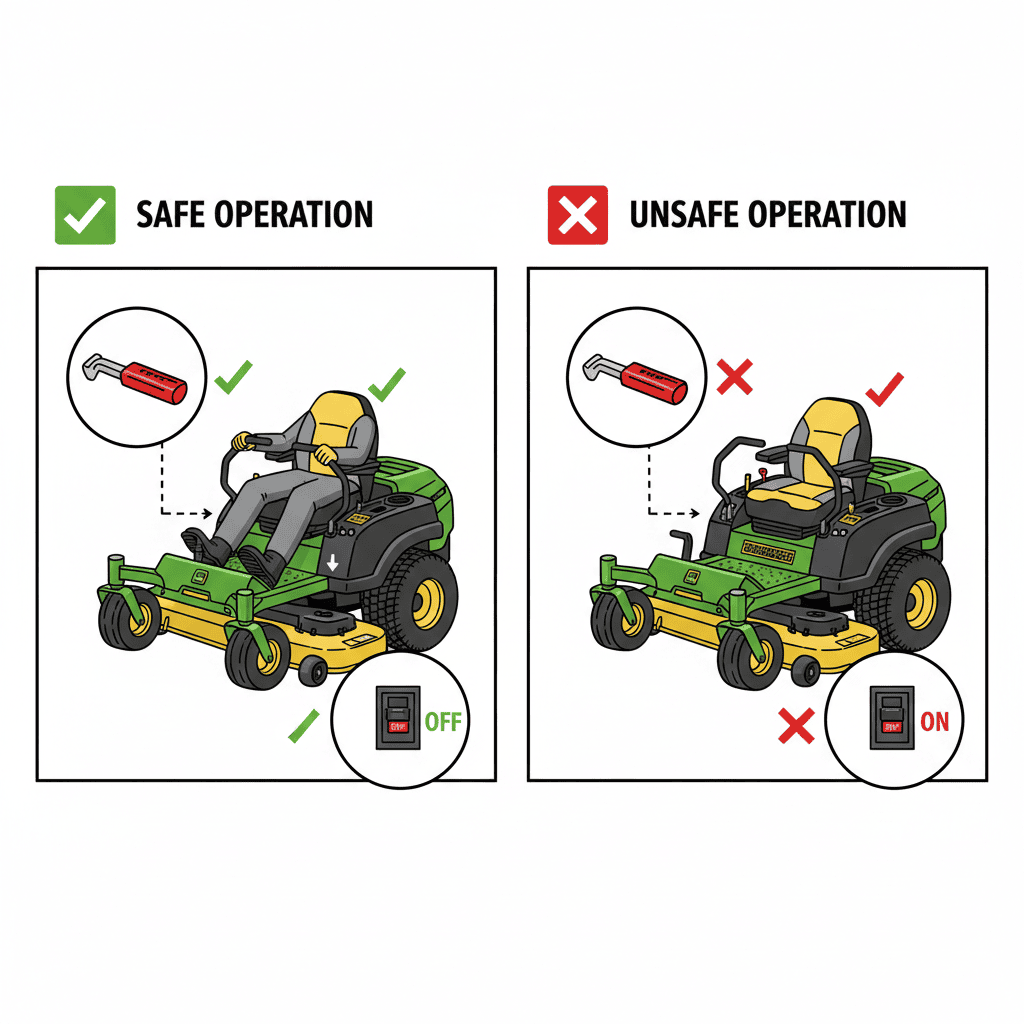 How Do You Start a Craftsman Riding Mower? (Step-by-Step Guide) Side-by-side comparison of correct and incorrect pre-start safety positions on a riding mower