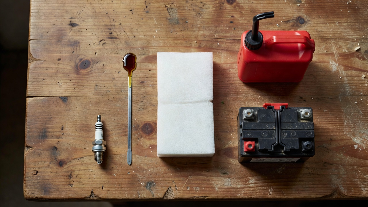 Engine maintenance items including a dipstick, air filter, fuel can, battery, and spark plug laid out on a workshop bench