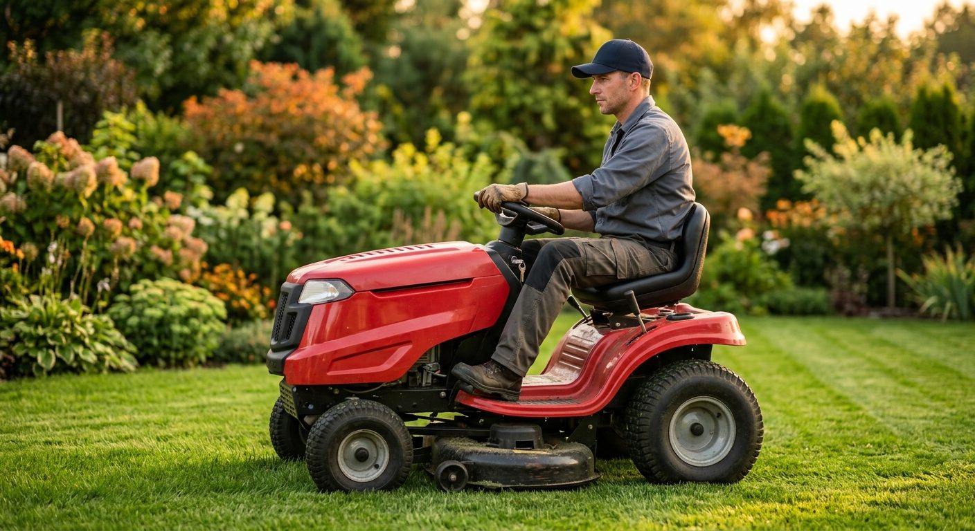 Operator seated on a riding mower with the ignition key in place