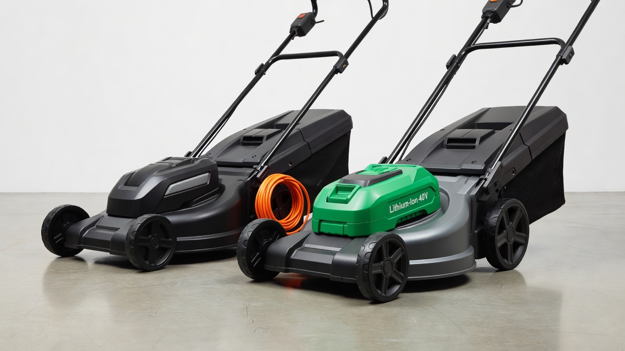 Side-by-side comparison of a corded and a cordless electric lawn mower showing their distinct power sources