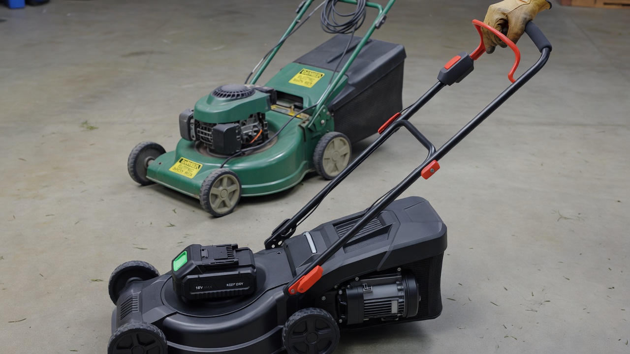 Comparison of corded and cordless electric mowers, highlighting the battery and safety bar.