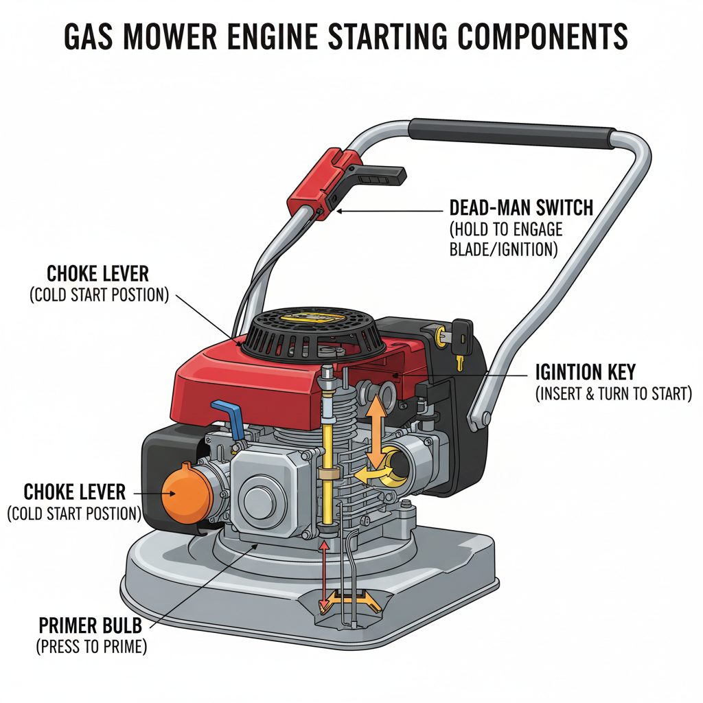 Diagram of gas mower engine components: choke, primer bulb, safety switch, and ignition