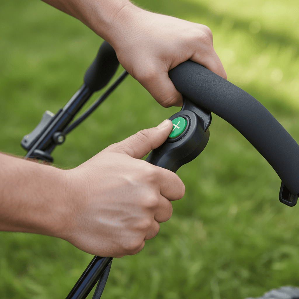 How to Start a Greenworks Lawn Mower: Complete Step-by-Step Guide Close-up of hands engaging the safety lever and start button on a cordless mower handle