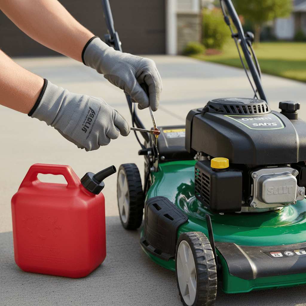 Hands in work gloves checking the oil dipstick on a push lawn mower
