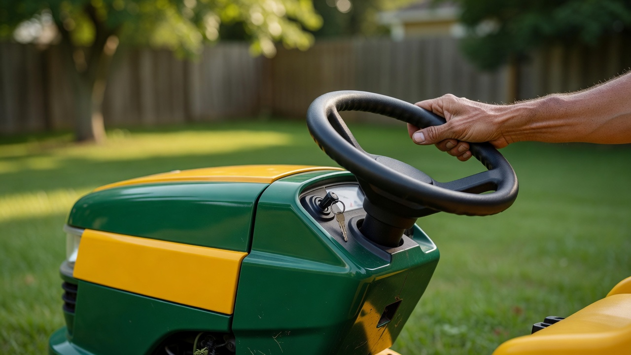 Close-up of hands on a riding mower steering wheel with ignition key in the dashboard.