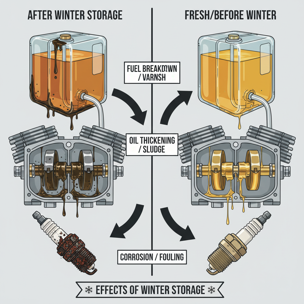 How Do You Start a Lawn Mower After Winter? (Complete Guide) Visual comparison of winter fuel degradation, oil viscosity changes, and spark plug corrosion versus fresh components