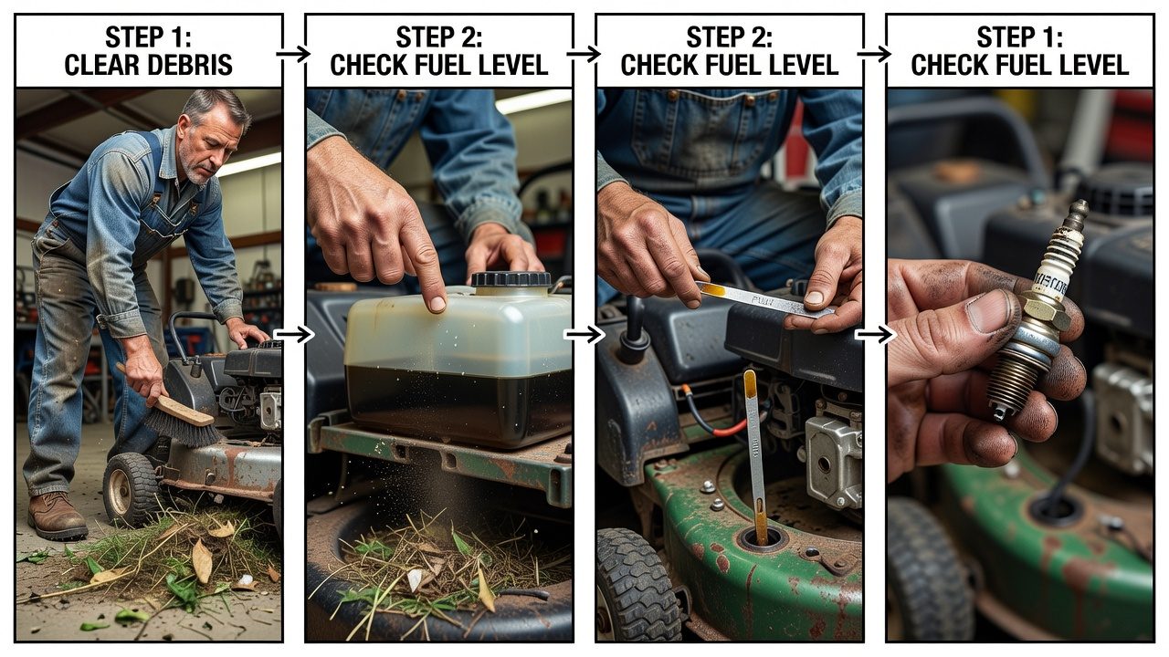 Step-by-step pre-start safety inspection of a lawn mower
