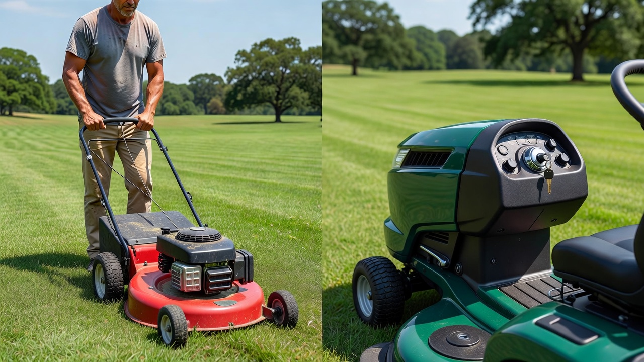 Push mower with pull-start cord beside a riding lawn mower with a keyed ignition switch