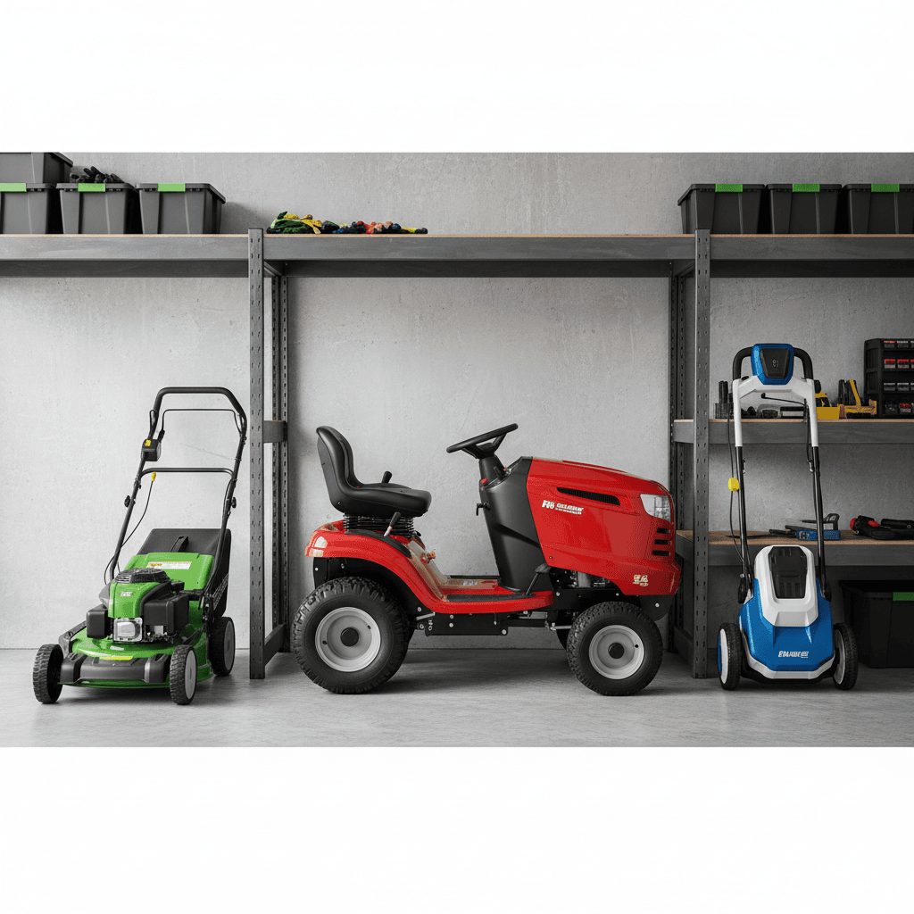 A gas push mower, a riding mower, and a cordless electric mower displayed together on a garage shelf.