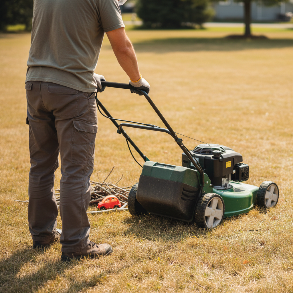 Person in protective clothing standing behind a parked push mower, checking a clear lawn path.
