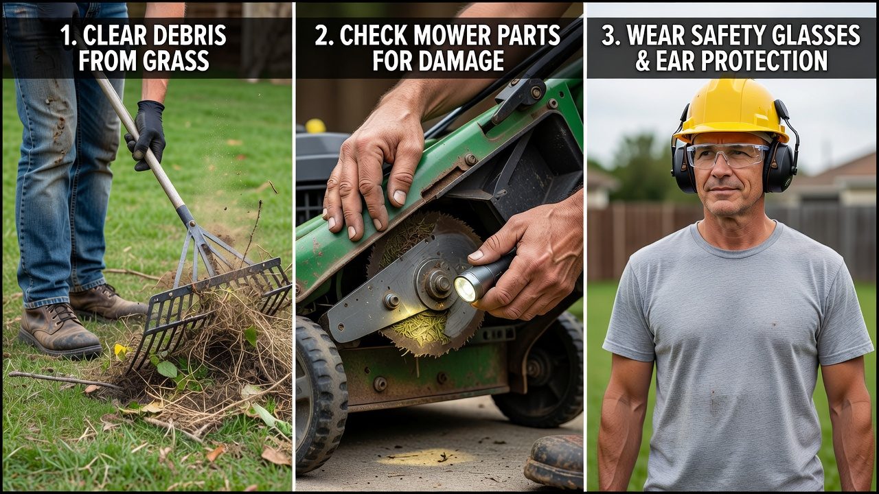 Safety inspection steps for push mower startup including debris clearing and equipment check