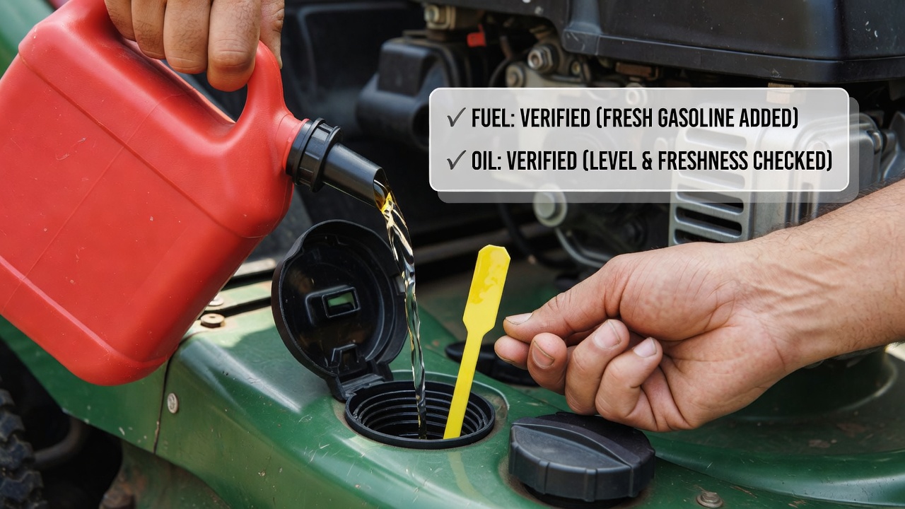 Pre-start inspection showing fuel tank refilling and oil level check on riding mower engine